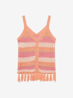 Women’s Crochet Stripe Fringe Tank Top - Peach & Pink